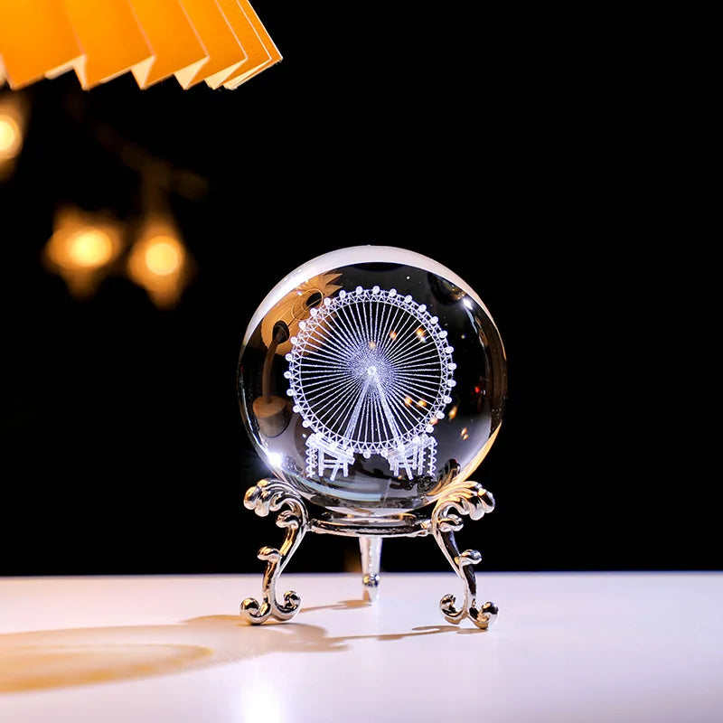 Y 3D Engraving Ferris Wheel Crystal Ball Creative Metal Bottom Support Galaxy Glass Ball Solar System Milky Way Moon Decoration